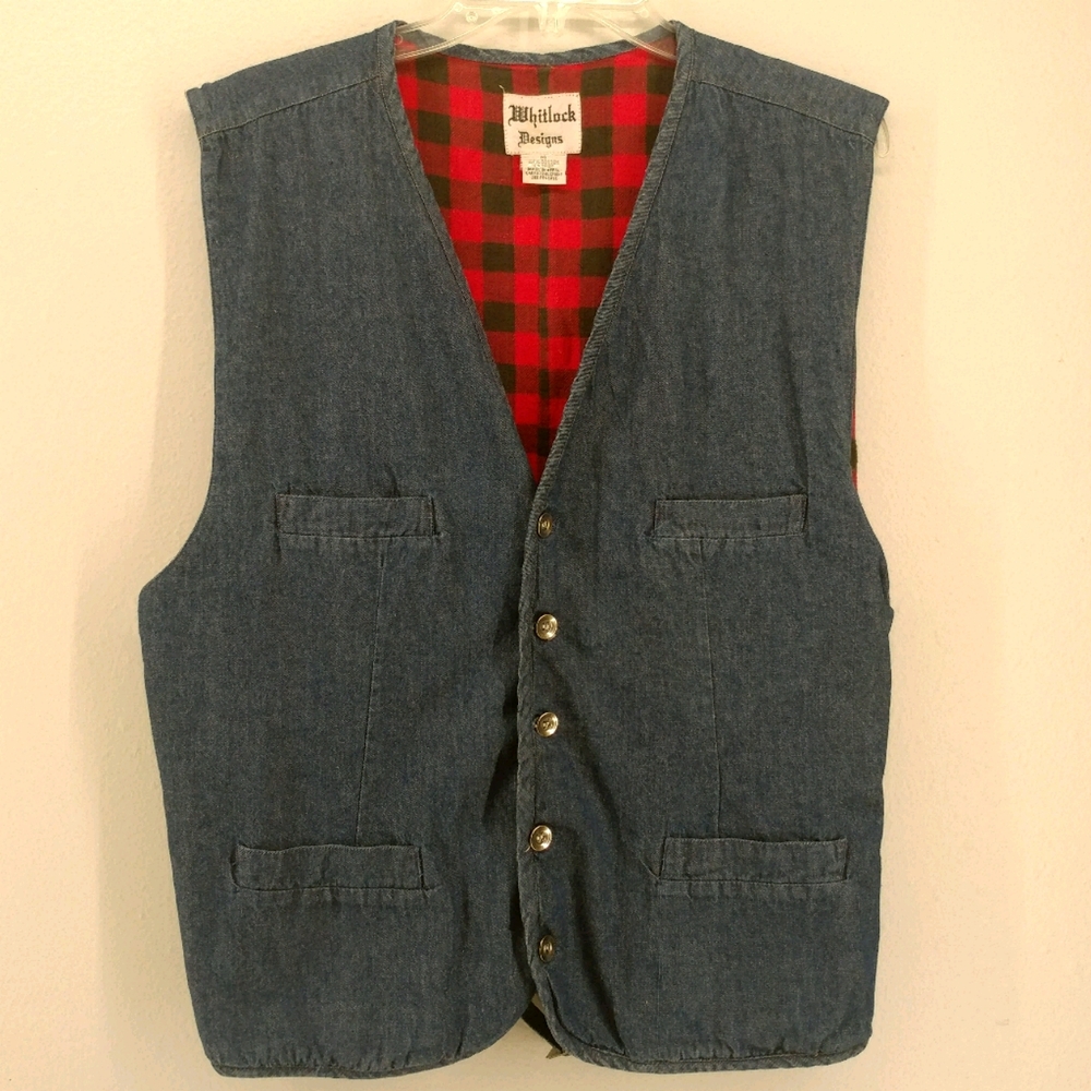 Vintage Whitlock Designs Plaid Lined Denim Vest
